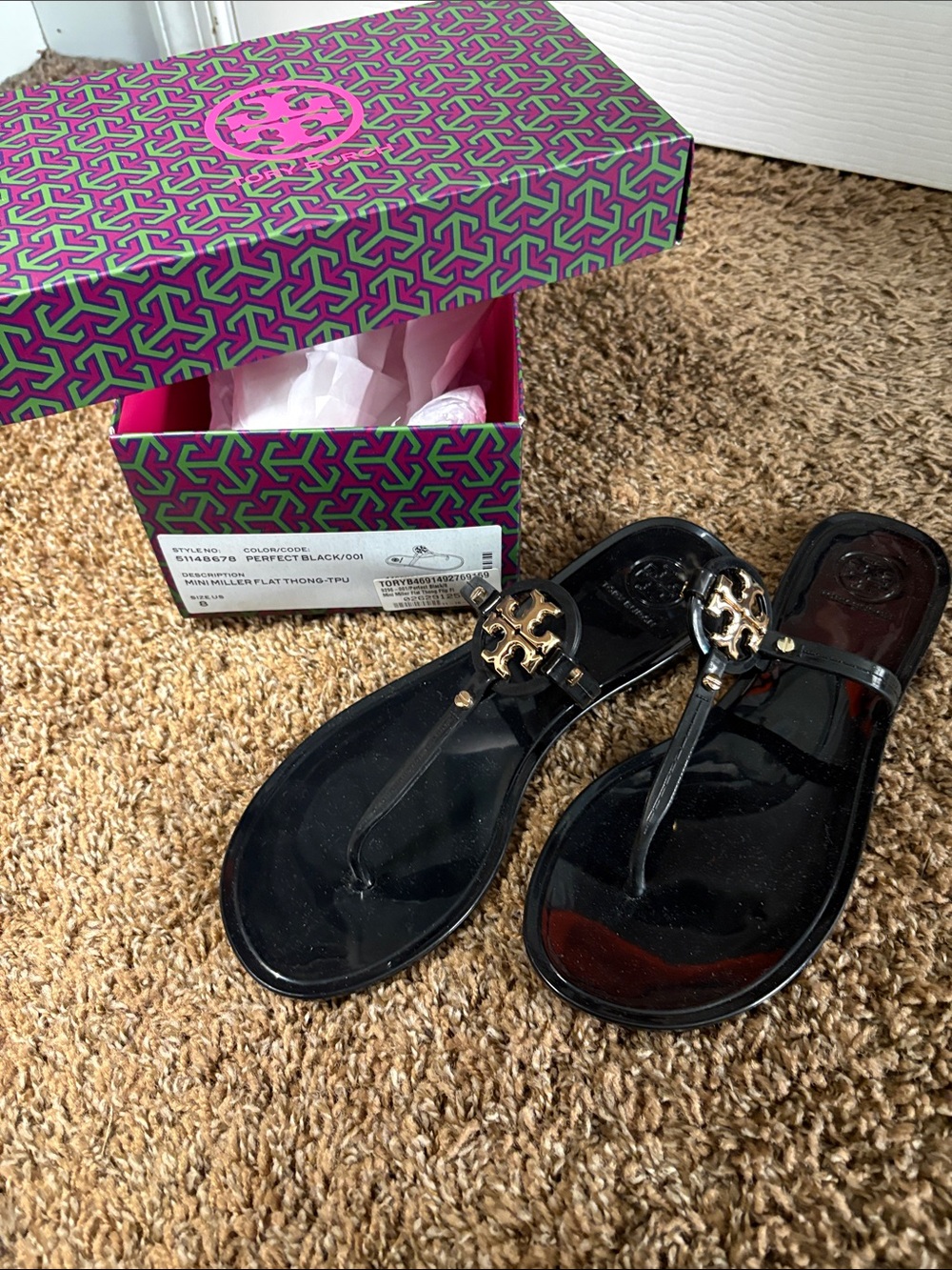 Tory Burch Black Jelly Miller Thong Sandals with Gold Logo